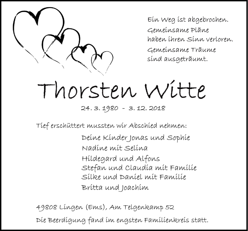  Traueranzeige für Thorsten Witte vom 11.12.2018 aus Neue Osnabrücker Zeitung GmbH & Co. KG