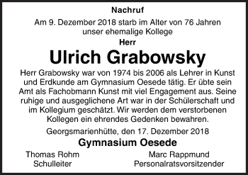 Traueranzeige von Ulrich Grabowsky von Neue Osnabrücker Zeitung GmbH & Co. KG