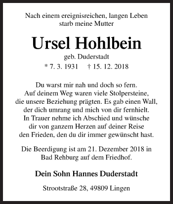 Traueranzeige von Ursel Hohlbein von Neue Osnabrücker Zeitung GmbH & Co. KG