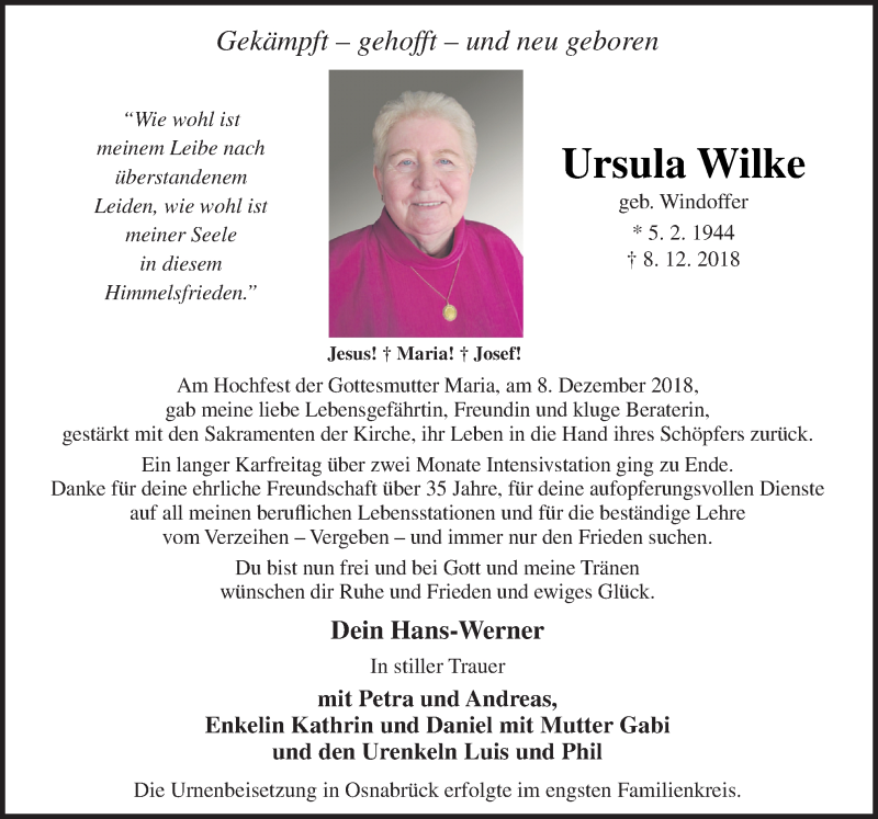  Traueranzeige für Ursula Wilke vom 21.12.2018 aus Neue Osnabrücker Zeitung GmbH & Co. KG