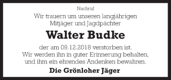 Traueranzeige von Walter Budke von Neue Osnabrücker Zeitung GmbH & Co. KG