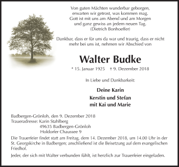 Traueranzeige von Walter Budke von Neue Osnabrücker Zeitung GmbH & Co. KG