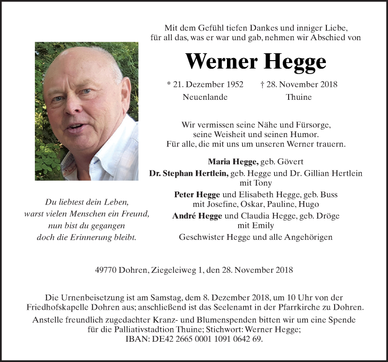  Traueranzeige für Werner Hegge vom 03.12.2018 aus Neue Osnabrücker Zeitung GmbH & Co. KG