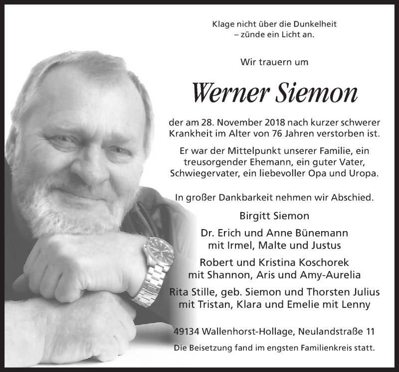  Traueranzeige für Werner Siemon vom 08.12.2018 aus Neue Osnabrücker Zeitung GmbH & Co. KG