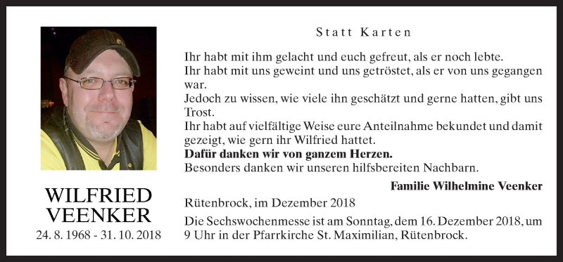  Traueranzeige für Wilfried Veenker vom 13.12.2018 aus Neue Osnabrücker Zeitung GmbH & Co. KG