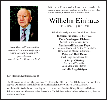 Traueranzeige von Wilhelm Einhaus von Neue Osnabrücker Zeitung GmbH & Co. KG