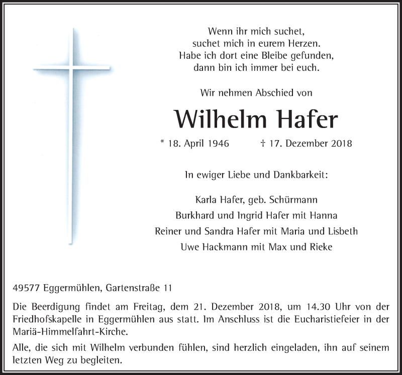  Traueranzeige für Wilhelm Hafer vom 19.12.2018 aus Neue Osnabrücker Zeitung GmbH & Co. KG