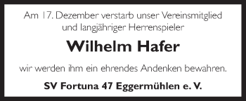 Traueranzeige von Wilhelm Hafer von Neue Osnabrücker Zeitung GmbH & Co. KG