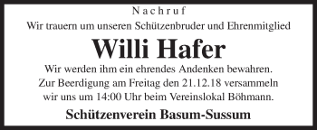 Traueranzeige von Willi Hafer von Neue Osnabrücker Zeitung GmbH & Co. KG