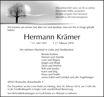 Traueranzeige von Hermann Krämer von Neue Osnabrücker Zeitung GmbH & Co. KG