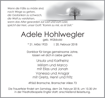 Traueranzeige von Adele Hohlwegler von Neue Osnabrücker Zeitung GmbH & Co. KG