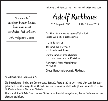 Traueranzeige von Adolf Rickhaus von Neue Osnabrücker Zeitung GmbH & Co. KG