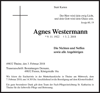 Traueranzeige von Agnes Westermann von Neue Osnabrücker Zeitung GmbH & Co. KG