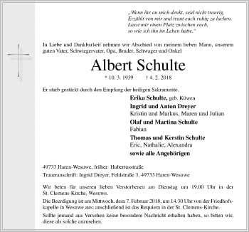 Traueranzeige von Albert Schulte von Neue Osnabrücker Zeitung GmbH & Co. KG