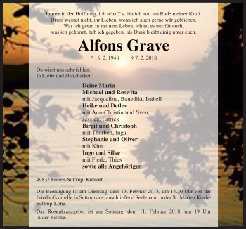 Traueranzeige von Alfons Grave von Neue Osnabrücker Zeitung GmbH & Co. KG