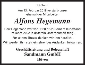 Traueranzeige von Alfons Hegemann von Neue Osnabrücker Zeitung GmbH & Co. KG