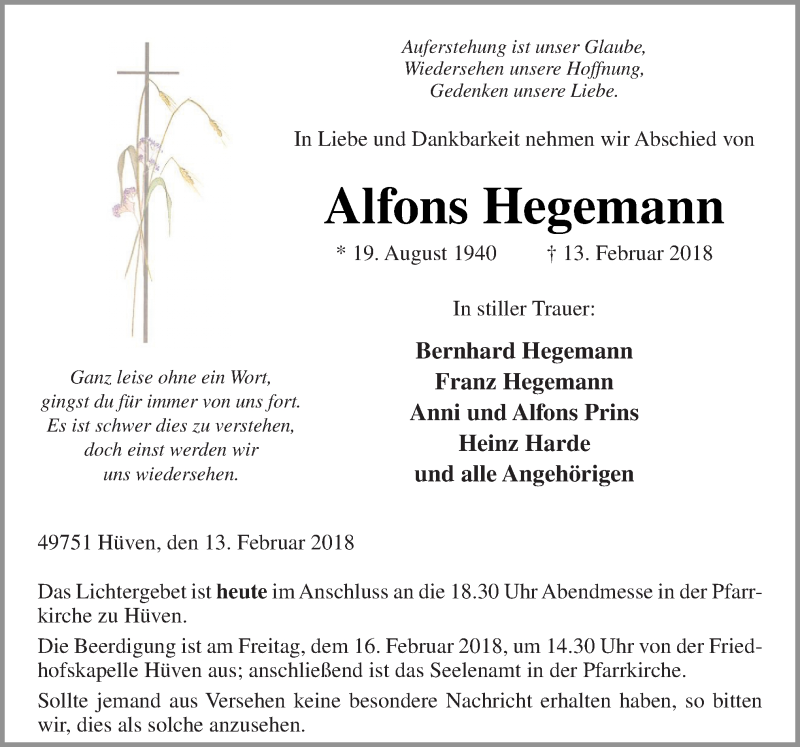  Traueranzeige für Alfons Hegemann vom 15.02.2018 aus Neue Osnabrücker Zeitung GmbH & Co. KG