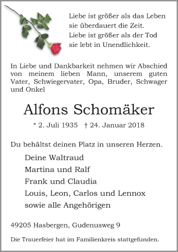 Traueranzeige von Alfons Schomäker von Neue Osnabrücker Zeitung GmbH & Co. KG
