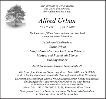 Traueranzeige von Alfred Urban von Neue Osnabrücker Zeitung GmbH & Co. KG