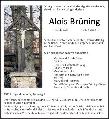 Traueranzeige von Alois Brüning von Neue Osnabrücker Zeitung GmbH & Co. KG
