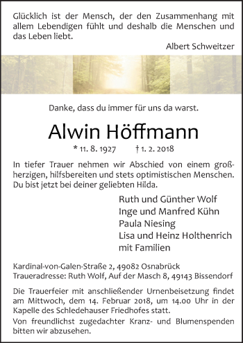 Traueranzeige von Alwin Höffmann von Neue Osnabrücker Zeitung GmbH & Co. KG