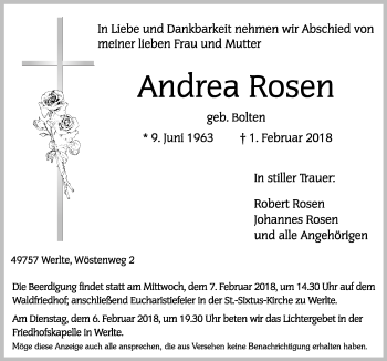 Traueranzeige von Andrea Rosen von Neue Osnabrücker Zeitung GmbH & Co. KG