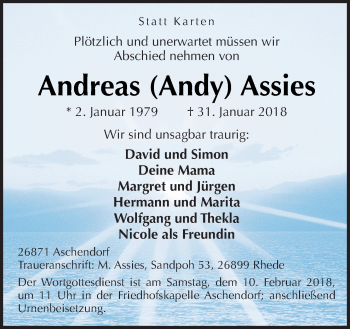 Traueranzeige von Andreas Assies von Neue Osnabrücker Zeitung GmbH & Co. KG