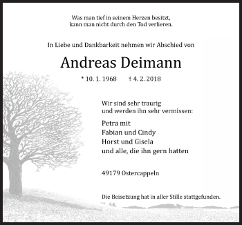 Traueranzeige von Andreas Deimann von Neue Osnabrücker Zeitung GmbH & Co. KG