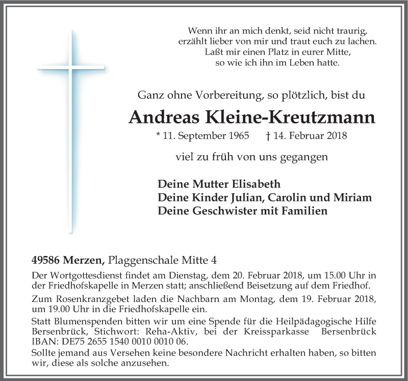  Traueranzeige für Andreas Kleine-Kreutzmann vom 17.02.2018 aus Neue Osnabrücker Zeitung GmbH & Co. KG