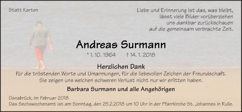  Traueranzeige für Andreas Surmann vom 24.02.2018 aus Neue Osnabrücker Zeitung GmbH & Co. KG