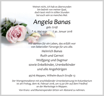 Traueranzeige von Angela Banas von Neue Osnabrücker Zeitung GmbH & Co. KG