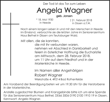 Traueranzeige von Angela Wagner von Neue Osnabrücker Zeitung GmbH & Co. KG