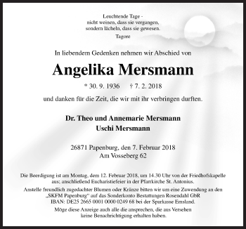 Traueranzeige von Angelika Mersmann von Neue Osnabrücker Zeitung GmbH & Co. KG