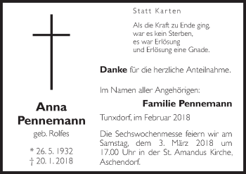 Traueranzeige von Anna Pennemann von Neue Osnabrücker Zeitung GmbH & Co. KG