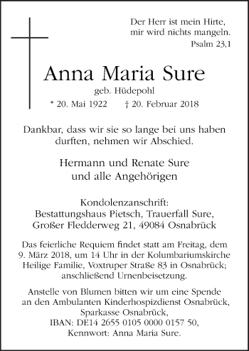 Traueranzeige von Anna Maria Sure von Neue Osnabrücker Zeitung GmbH & Co. KG