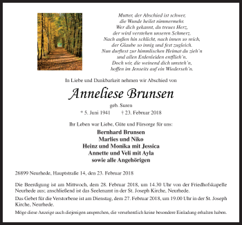 Traueranzeige von Anneliese Brunsen von Neue Osnabrücker Zeitung GmbH & Co. KG