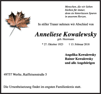 Traueranzeige von Anneliese Kowalewsky von Neue Osnabrücker Zeitung GmbH & Co. KG