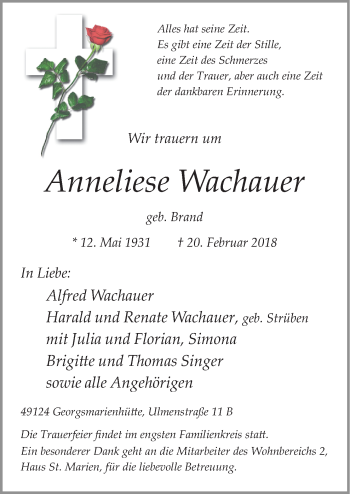 Traueranzeige von Anneliese Wachauer von Neue Osnabrücker Zeitung GmbH & Co. KG