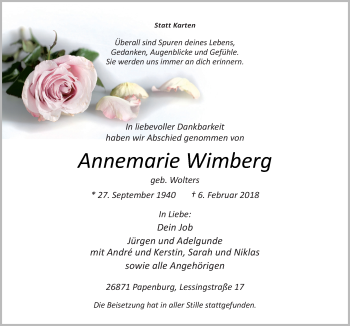 Traueranzeige von Annemarie Wimberg von Neue Osnabrücker Zeitung GmbH & Co. KG