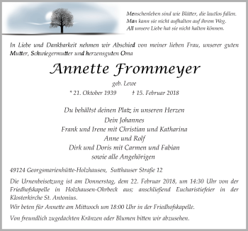 Traueranzeige von Annette Frommeyer von Neue Osnabrücker Zeitung GmbH & Co. KG