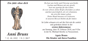 Traueranzeige von Anni Bruns von Neue Osnabrücker Zeitung GmbH & Co. KG