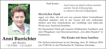 Traueranzeige von Anni Burrichter von Neue Osnabrücker Zeitung GmbH & Co. KG