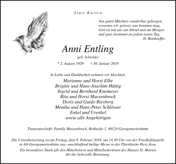 Traueranzeige von Anni Entling von Neue Osnabrücker Zeitung GmbH & Co. KG