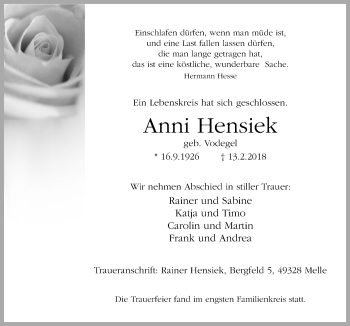 Traueranzeige von Anni Hensiek von Neue Osnabrücker Zeitung GmbH & Co. KG