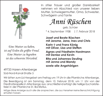 Traueranzeige von Anni Rüschen von Neue Osnabrücker Zeitung GmbH & Co. KG