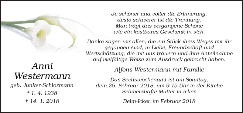  Traueranzeige für Anni Westermann vom 10.02.2018 aus Neue Osnabrücker Zeitung GmbH & Co. KG