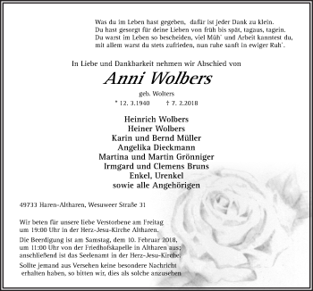 Traueranzeige von Anni Wolbers von Neue Osnabrücker Zeitung GmbH & Co. KG
