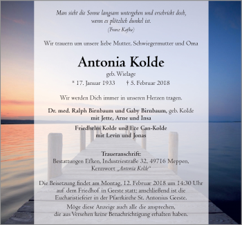 Traueranzeige von Antonia Kolde von Neue Osnabrücker Zeitung GmbH & Co. KG