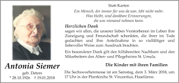 Traueranzeige von Antonia Siemer von Neue Osnabrücker Zeitung GmbH & Co. KG