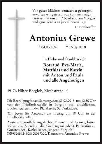 Traueranzeige von Antonius Grewe von Neue Osnabrücker Zeitung GmbH & Co. KG